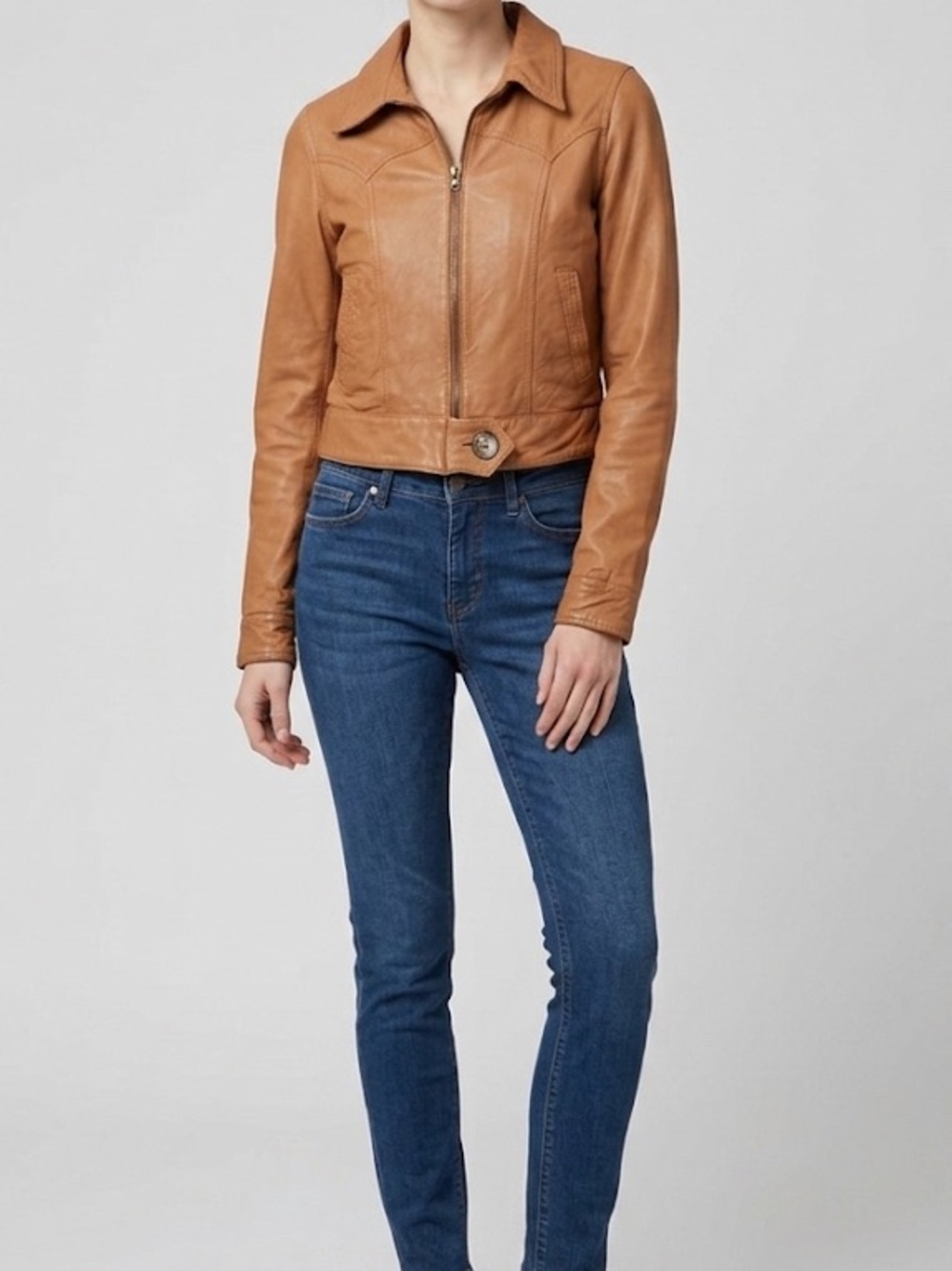 Mike & Chris Cognac Brown Moto Leather Jacket Women XS Cropped Y2K 2000s vintage